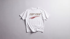 Top Tier Performance Division boxy oversized T-shirt in white, laid flat, tonal wordmark and red speed streaks