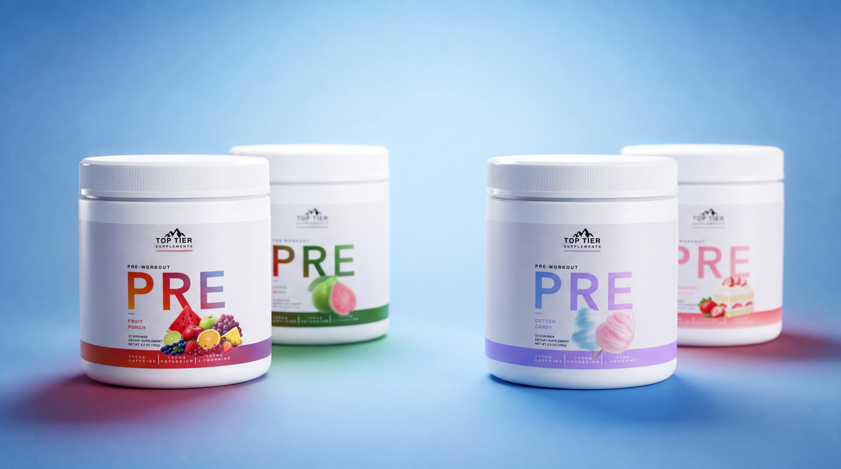 PRE Workout restocked - four PRE pre-workout tubs on a blue studio background