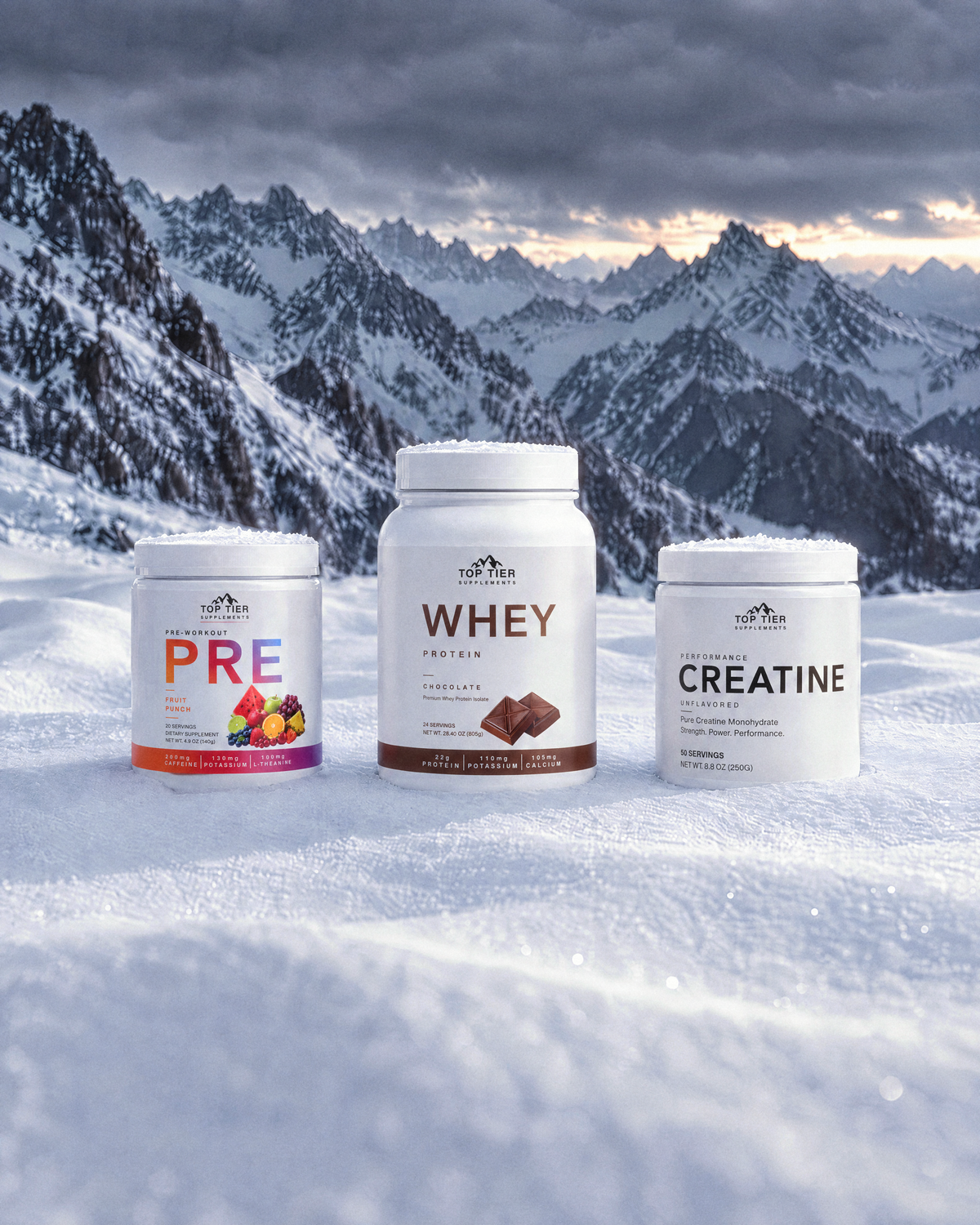 Top Tier supplements falling through a twilight sky