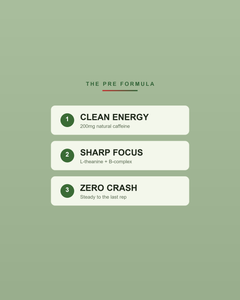 The PRE formula: Clean Energy 200mg natural caffeine, Sharp Focus L-theanine plus B-complex, Zero Crash steady to the last rep