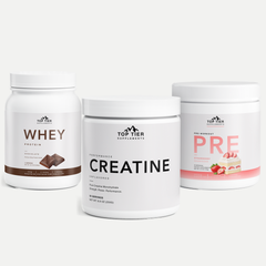 Starter Stack: Creatine, Whey Isolate Chocolate and PRE Strawberry Shortcake staged together