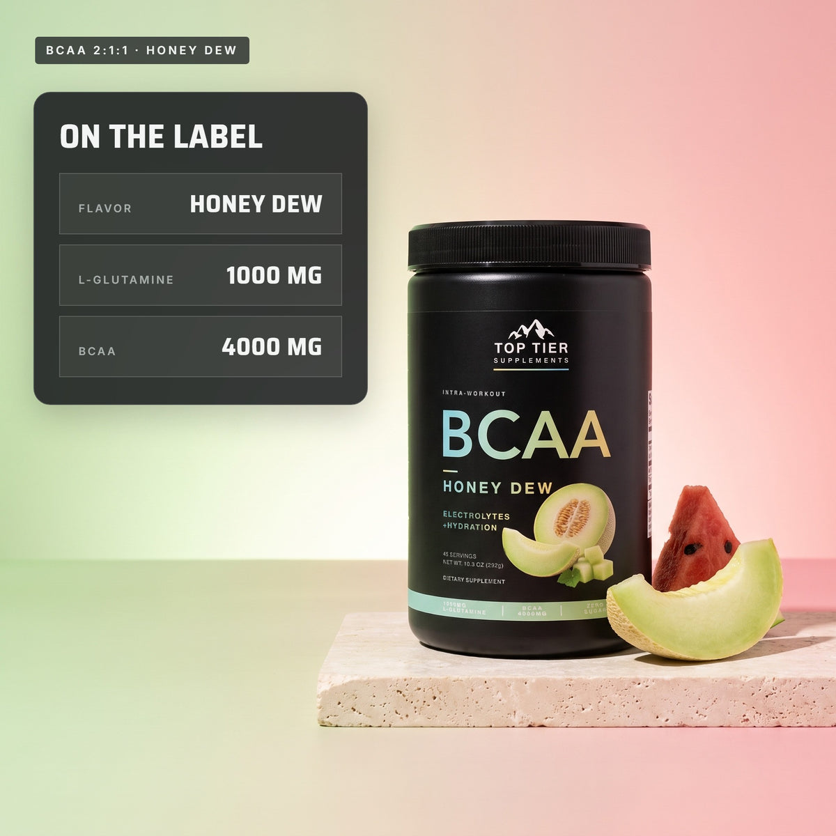 Top Tier BCAA Honeydew Watermelon – on the label