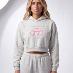 Essential Cropped Hoodie, Flower Gray — close crop, extra option