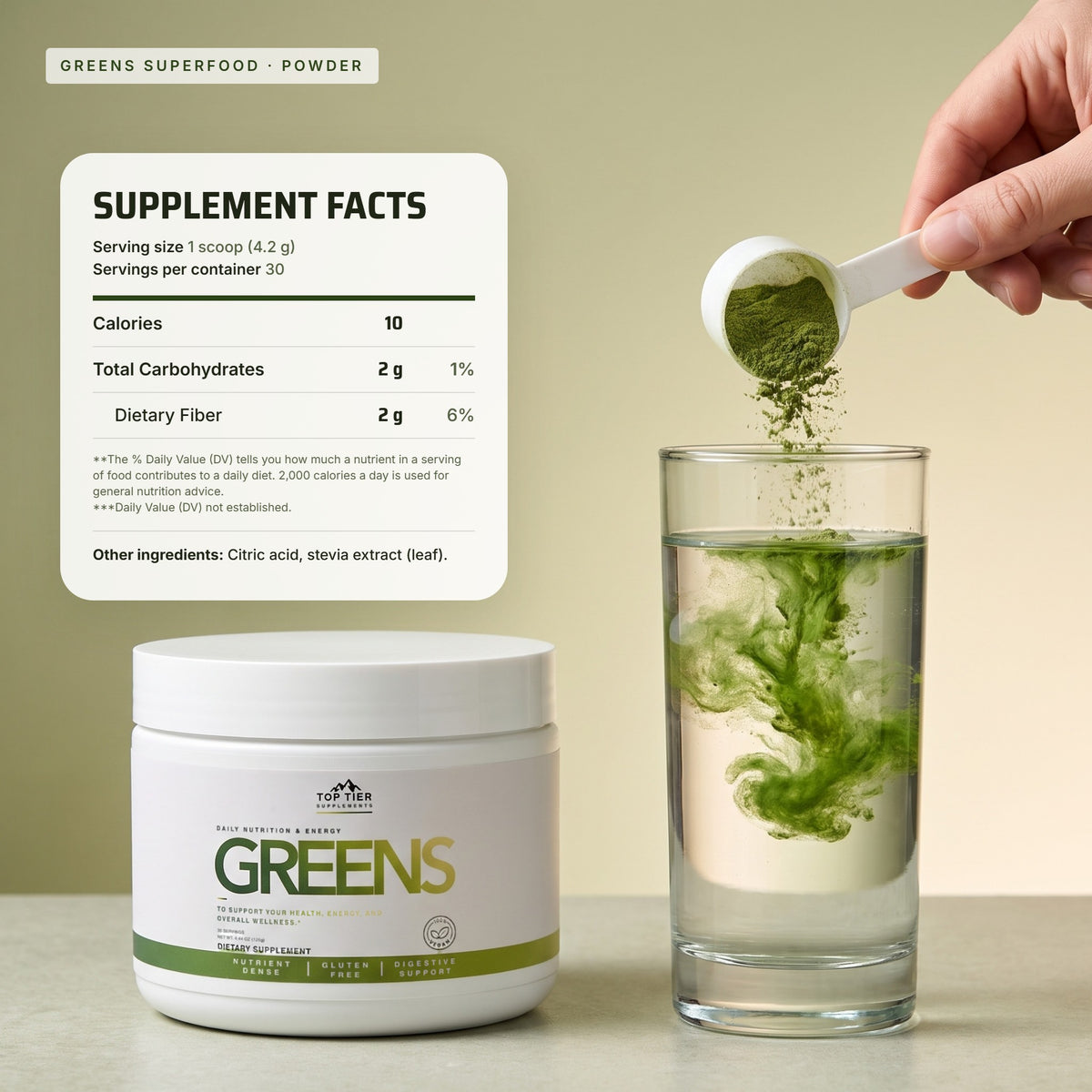 Top Tier Greens Superfood – supplement facts panel