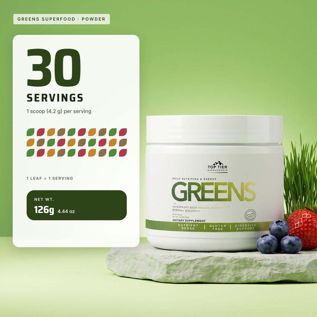 Top Tier Greens Superfood – servings per container