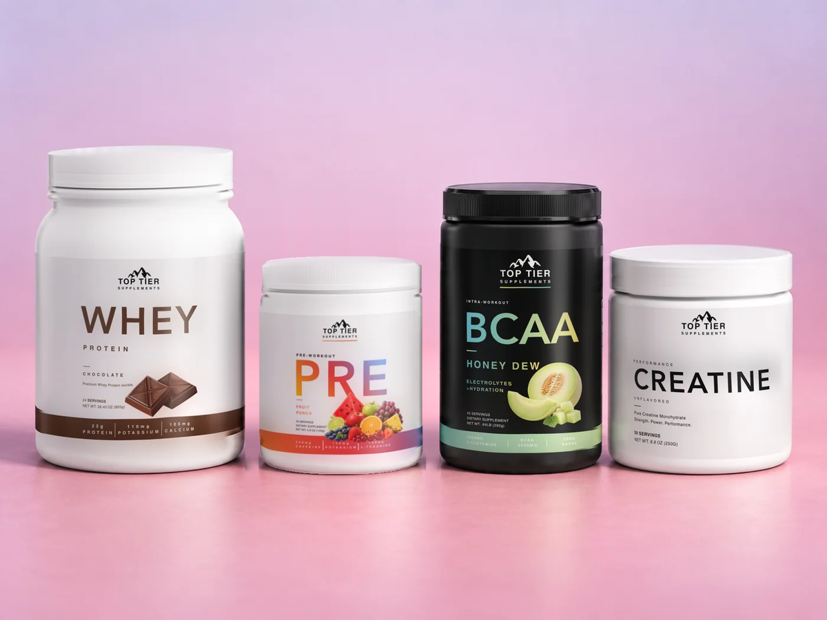 Top Tier Supplements lineup: Whey, Pre-Workout, BCAA and Creatine