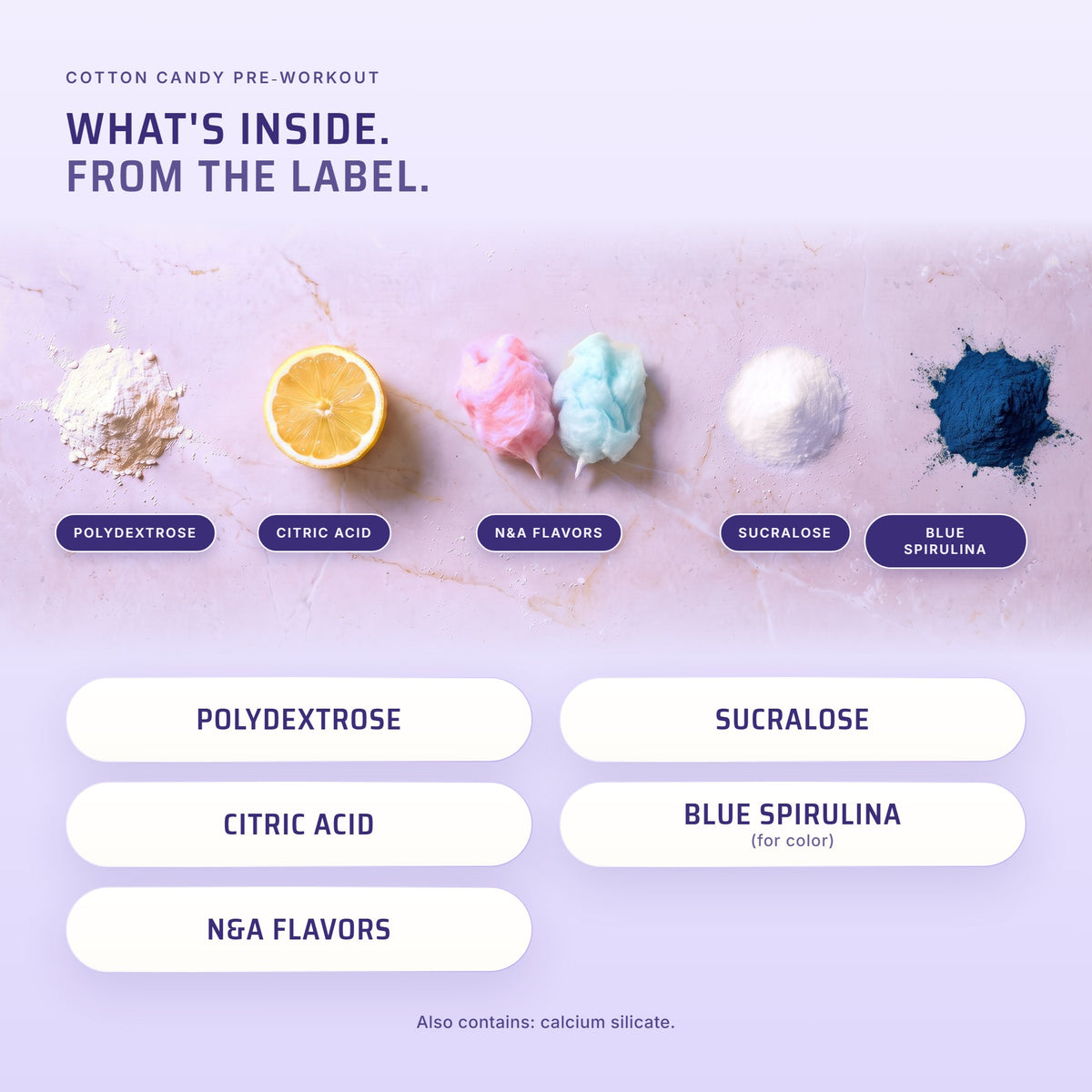 PRE Cotton Candy other ingredients: polydextrose, citric acid, N&A flavors, sucralose, calcium silicate, blue spirulina (for color)