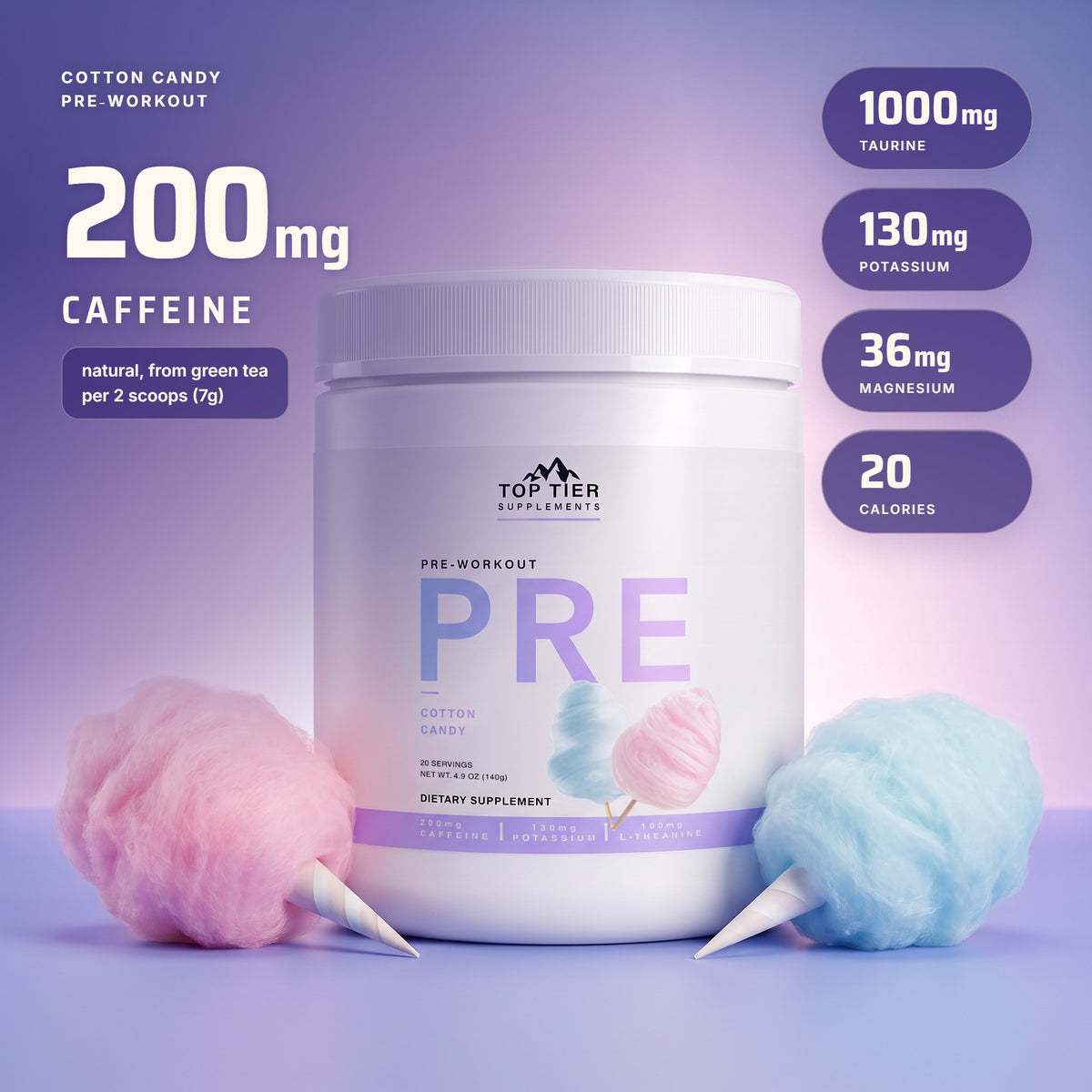 PRE Cotton Candy pre-workout: 200mg natural caffeine from green tea per 2 scoops (7g), 1000mg taurine, 130mg potassium, 36mg magnesium, 20 calories