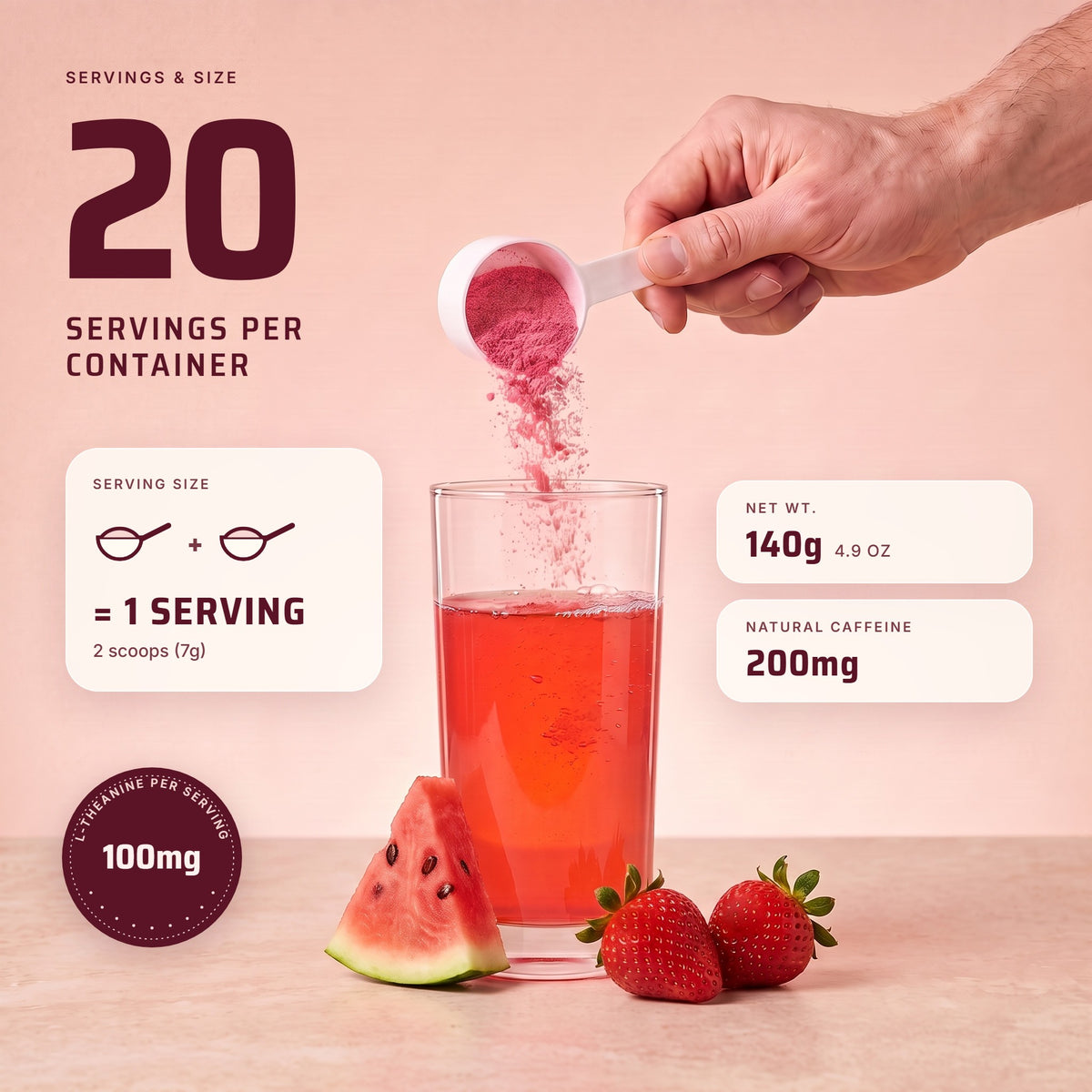 PRE Fruit Punch: 20 servings per container, 2 scoops (7g) per serving, net weight 140g (4.9 oz), 200mg natural caffeine, 100mg L-theanine