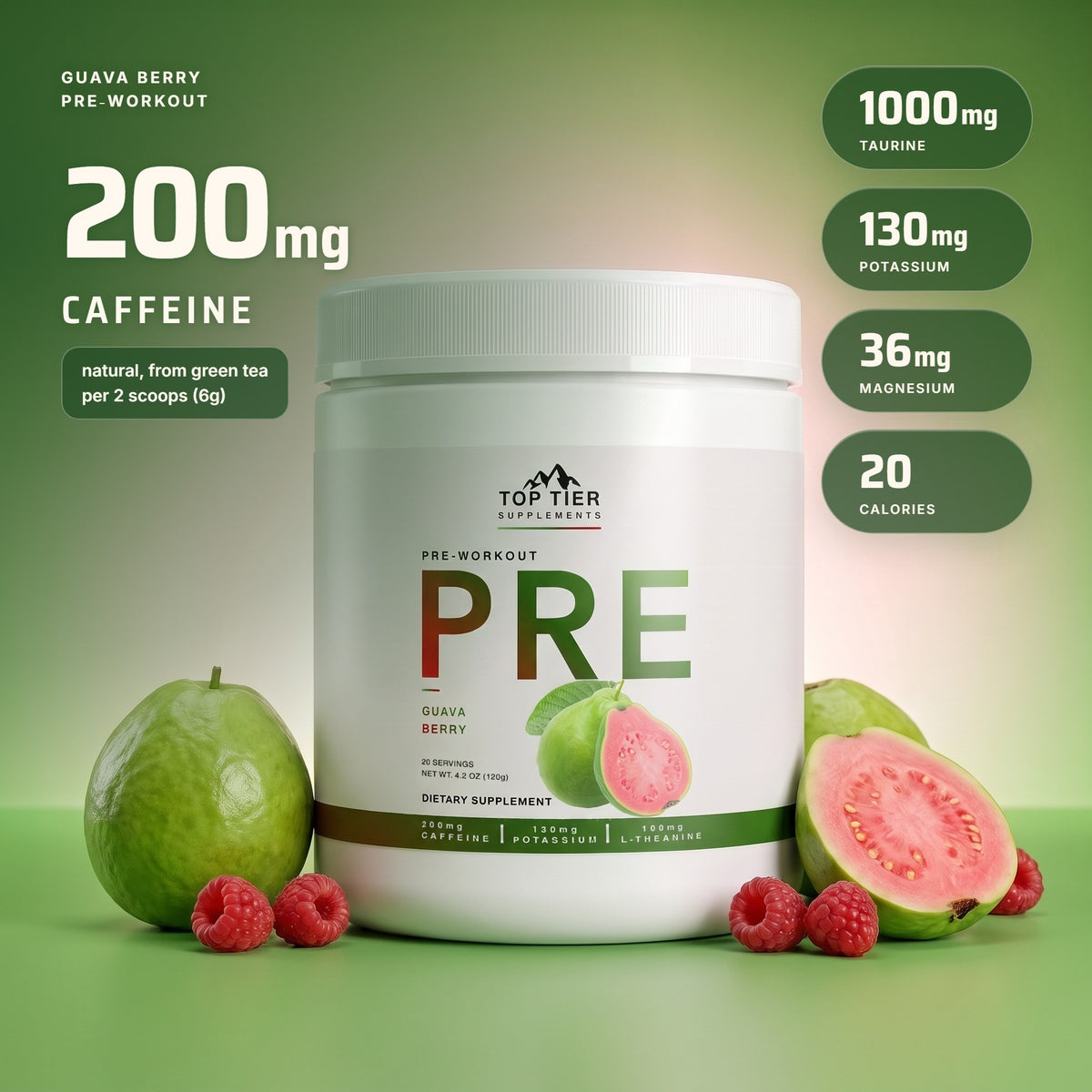 PRE Guava Berry pre-workout: 200mg natural caffeine from green tea per 2 scoops (6g), 1000mg taurine, 130mg potassium, 36mg magnesium, 20 calories