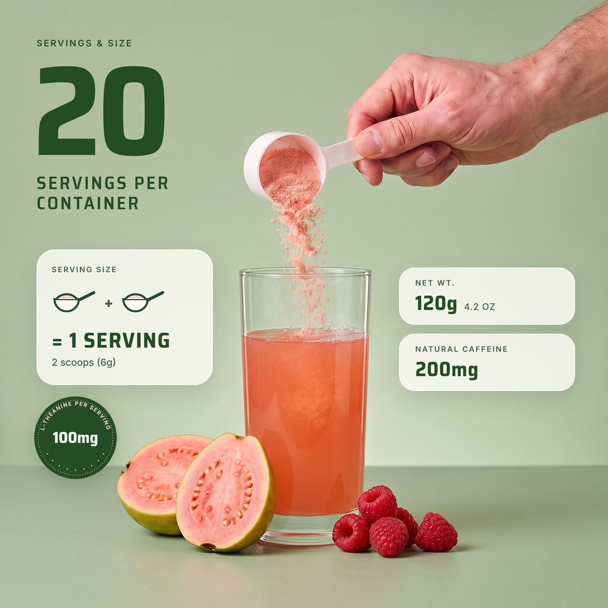 PRE Guava Berry: 20 servings per container, 2 scoops (6g) per serving, net weight 120g (4.2 oz), 200mg natural caffeine, 100mg L-theanine