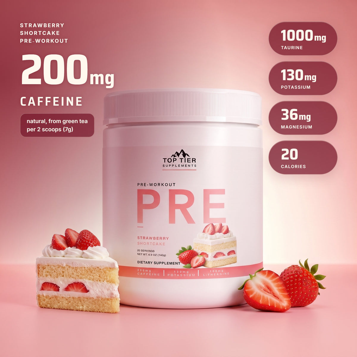 PRE Strawberry Shortcake pre-workout: 200mg natural caffeine from green tea per 2 scoops (7g), 1000mg taurine, 130mg potassium, 36mg magnesium, 20 calories