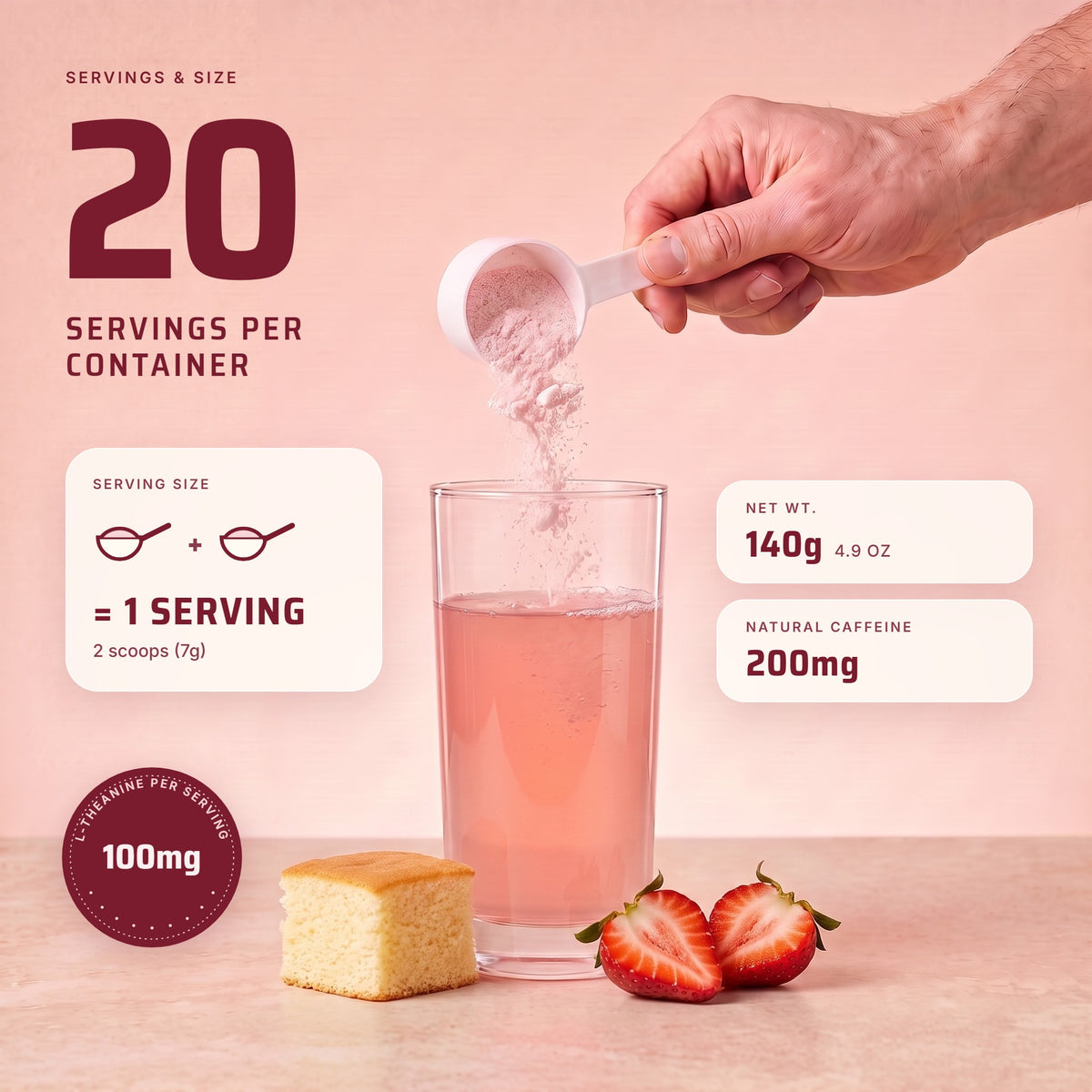 PRE Strawberry Shortcake: 20 servings per container, 2 scoops (7g) per serving, net weight 140g (4.9 oz), 200mg natural caffeine, 100mg L-theanine