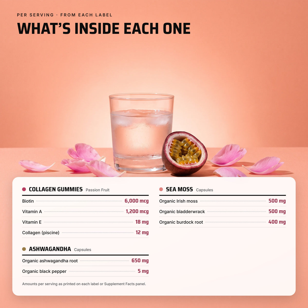 Beauty Glow Stack: what's inside each product per serving, from each label