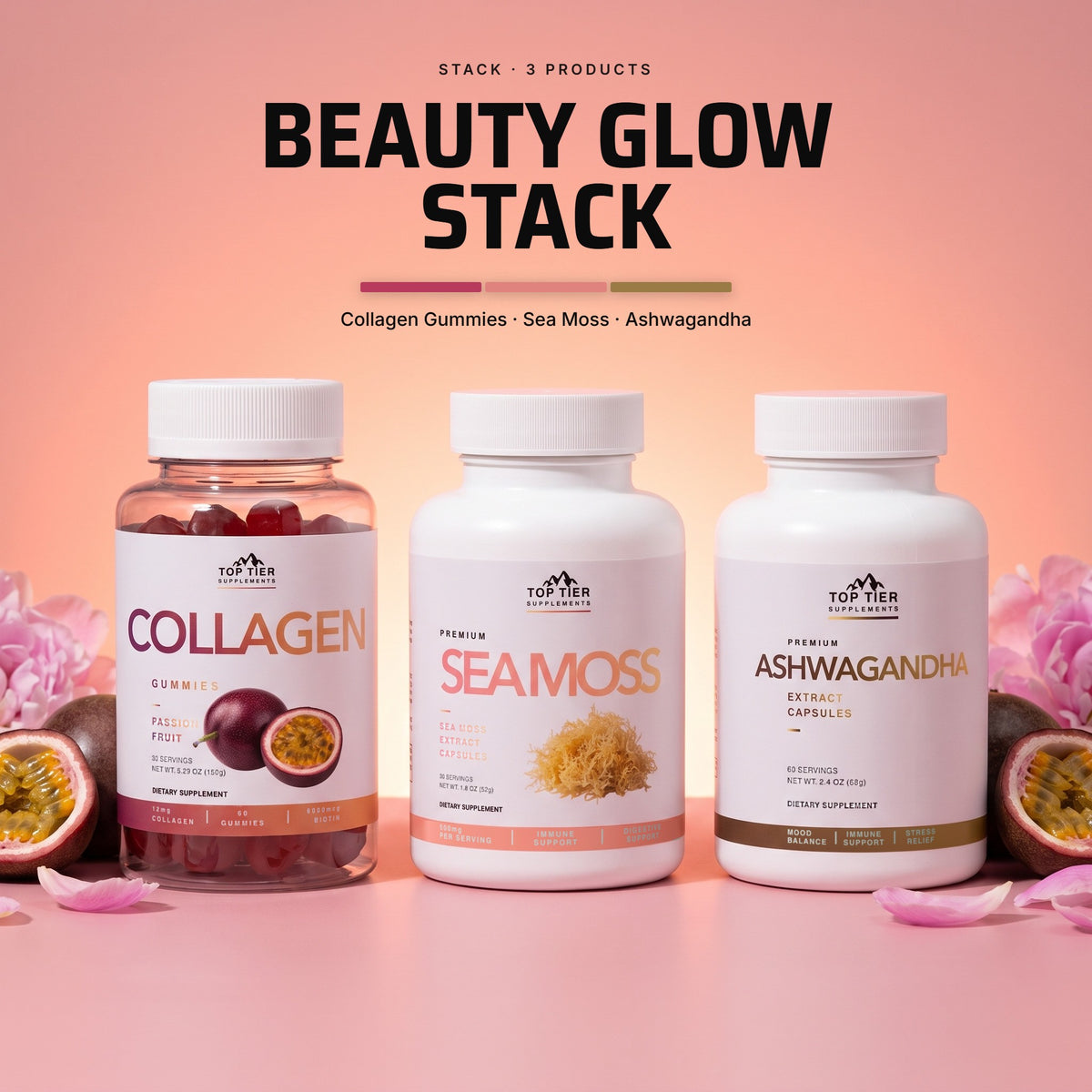 Top Tier Beauty Glow Stack: Collagen Gummies, Sea Moss and Ashwagandha together on a peach-coral backdrop