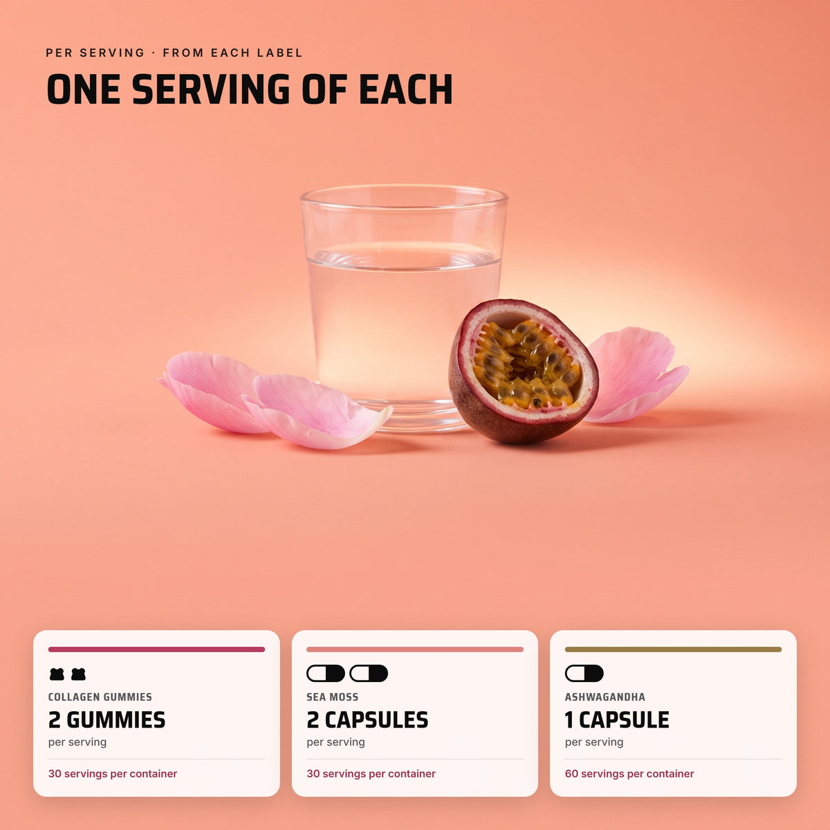 Beauty Glow Stack: one serving of each, 2 gummies, 2 capsules, 1 capsule