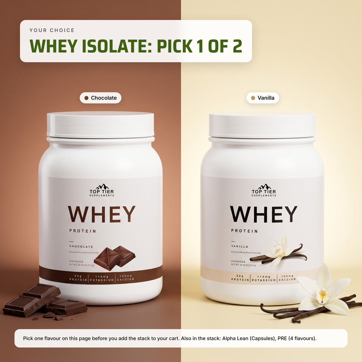 Fat Loss Stack whey flavours: pick Chocolate or Vanilla Whey Protein Isolate