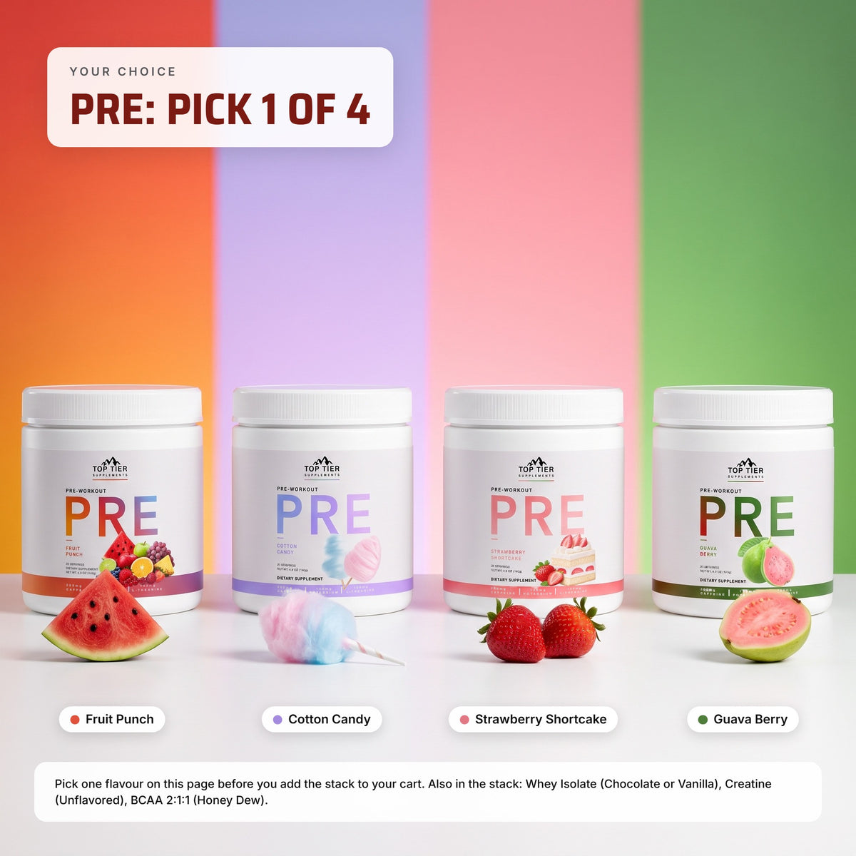 Muscle Building Stack PRE flavours: pick Fruit Punch, Cotton Candy, Strawberry Shortcake or Guava Berry