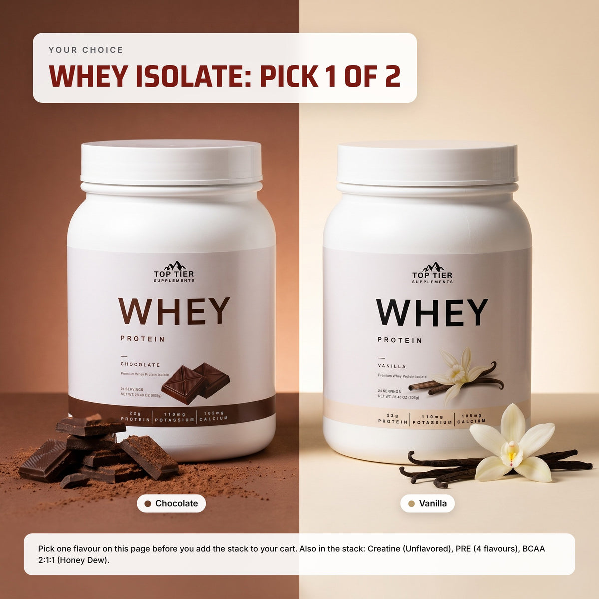Muscle Building Stack whey flavours: pick Chocolate or Vanilla Whey Protein Isolate
