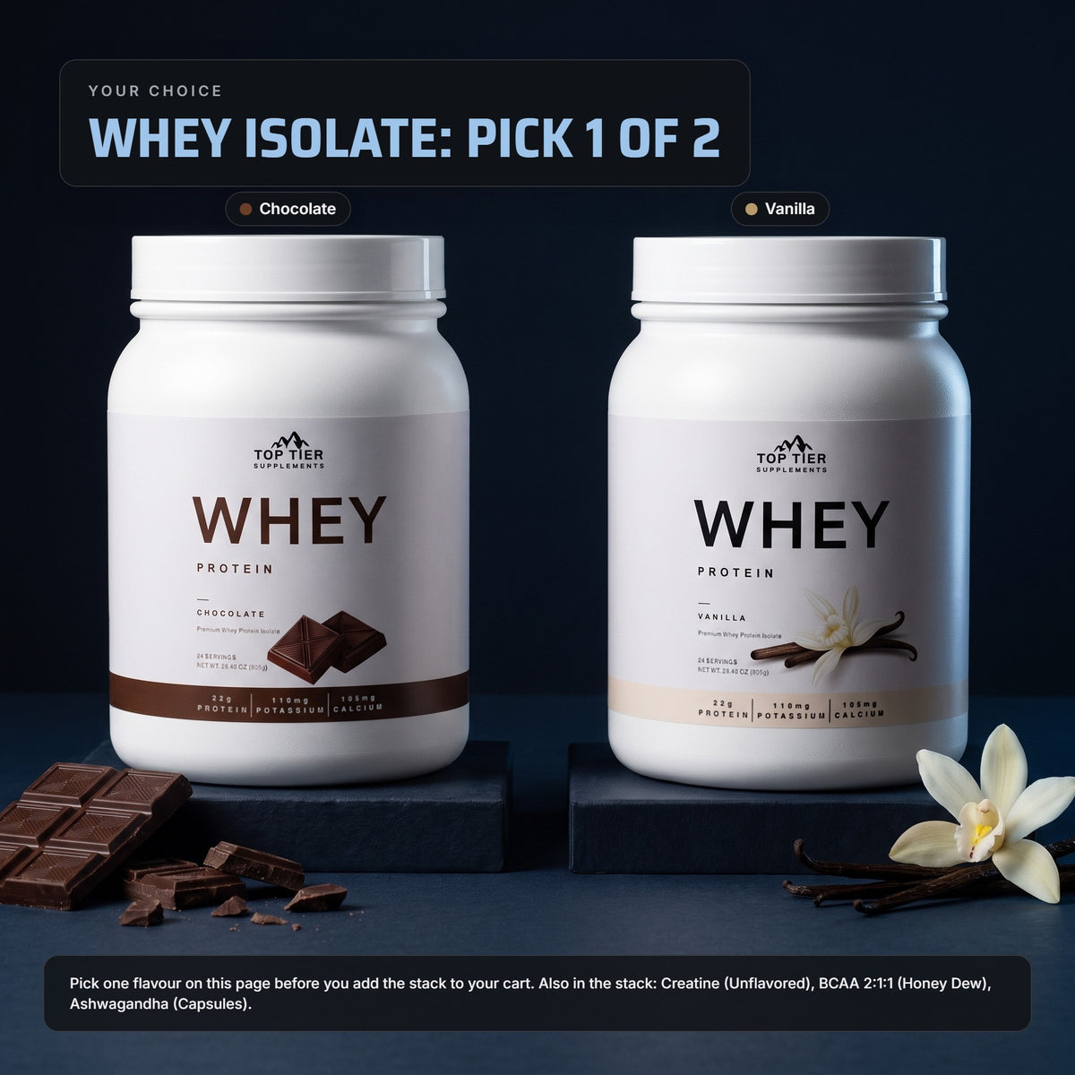 Recovery Stack whey flavours: pick Chocolate or Vanilla Whey Protein Isolate