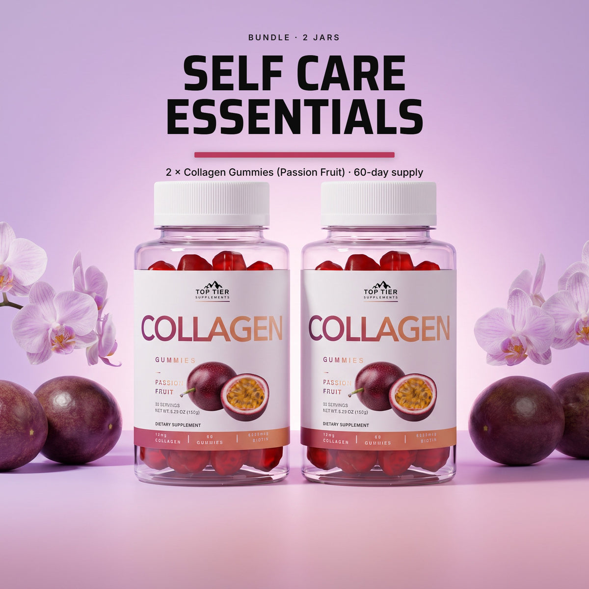 Top Tier Self Care Essentials Bundle: two jars of Collagen Gummies (Passion Fruit) on a lilac backdrop, a 60-day supply