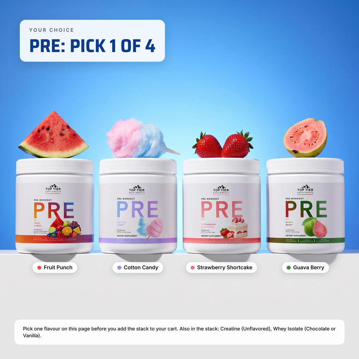 Starter Stack PRE flavours: pick Fruit Punch, Cotton Candy, Strawberry Shortcake or Guava Berry