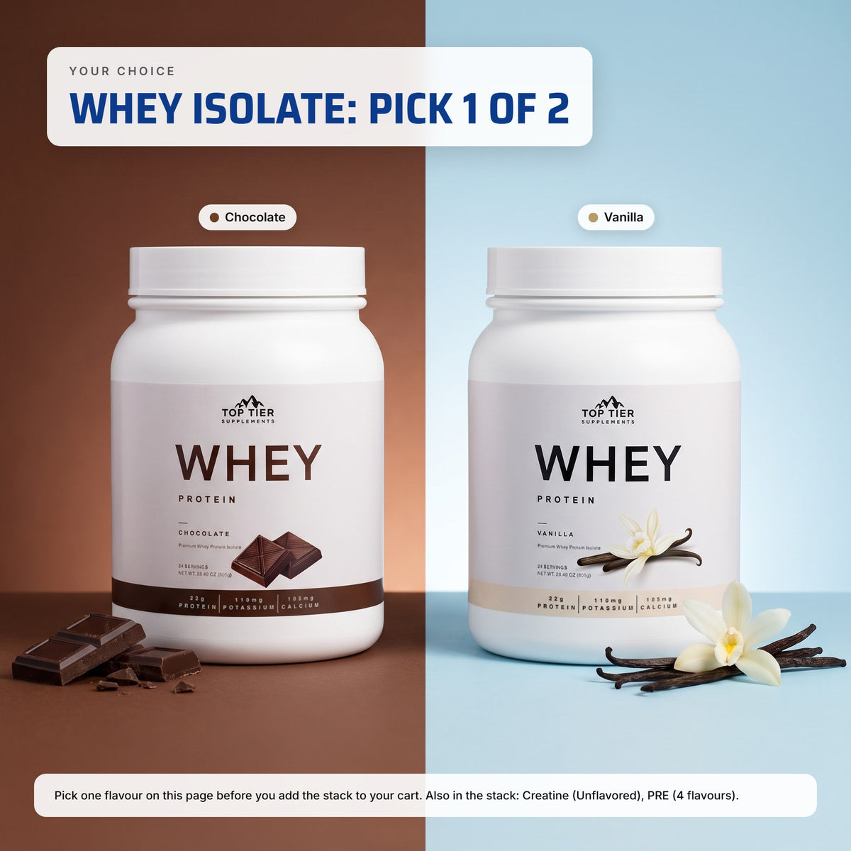 Starter Stack whey flavours: pick Chocolate or Vanilla Whey Protein Isolate