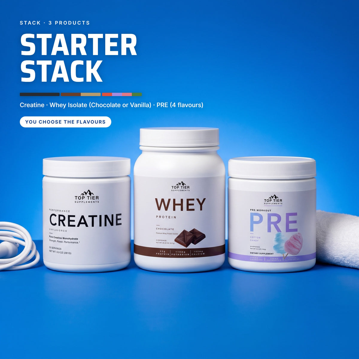 Top Tier Starter Stack: Creatine, Whey Isolate and PRE together on a cobalt-blue backdrop; you choose the whey and PRE flavours