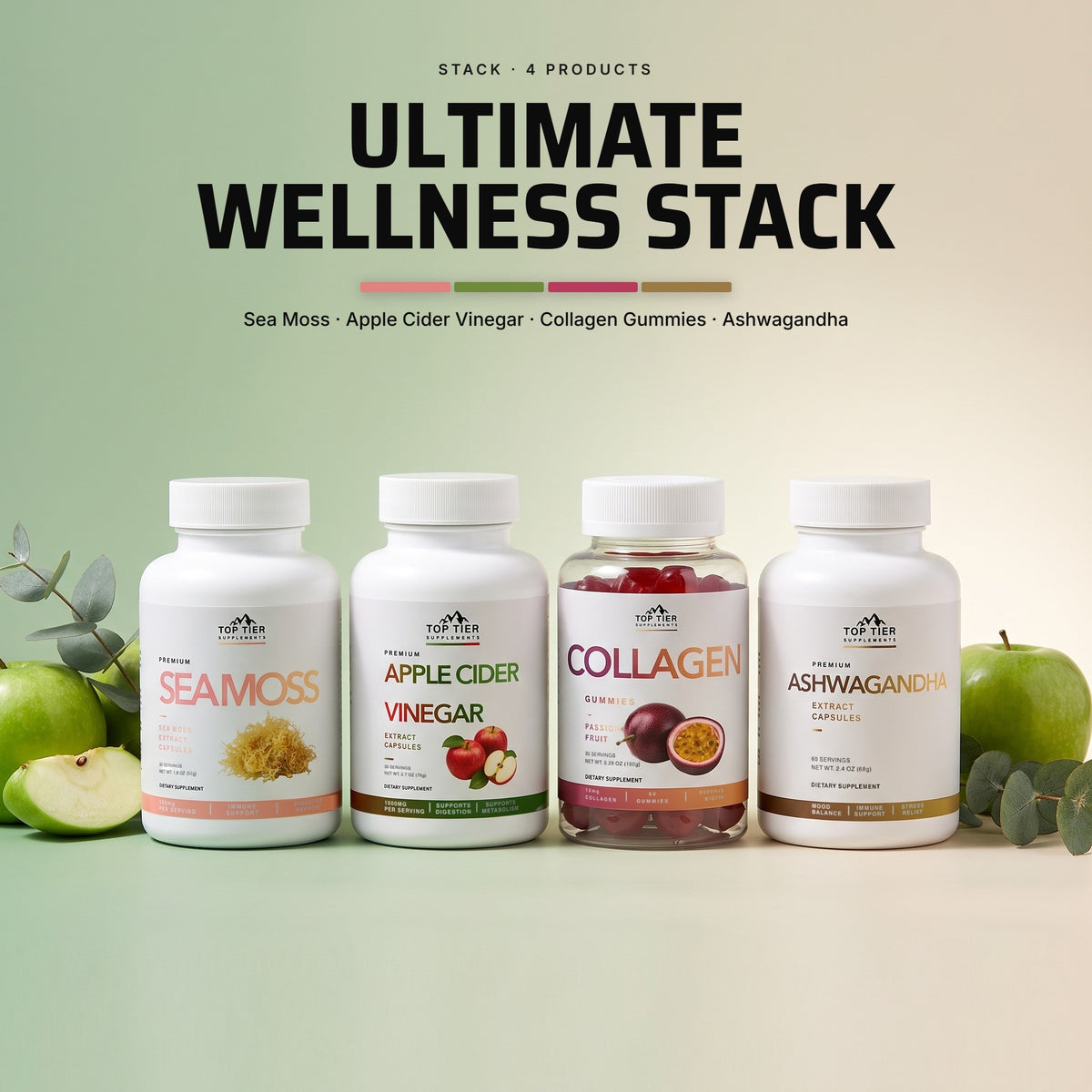 Top Tier Ultimate Wellness Stack: Sea Moss, Apple Cider Vinegar, Collagen Gummies and Ashwagandha together on a sage-green backdrop