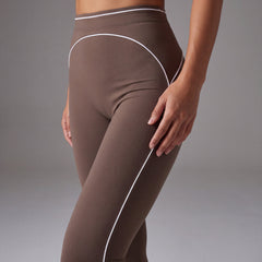 Tier One Leggings Coffee leg close-up with white side piping