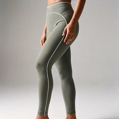 Tier One Leggings Gray Green leg close-up with white side piping